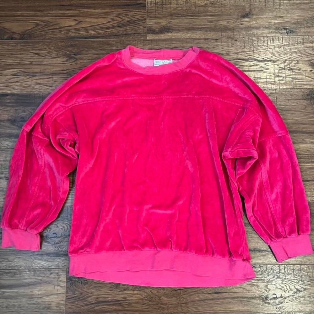 Pink 90s Velour Crewneck Sweatshirt‎ Women Medium Y2K Streetwear McBling Velvet